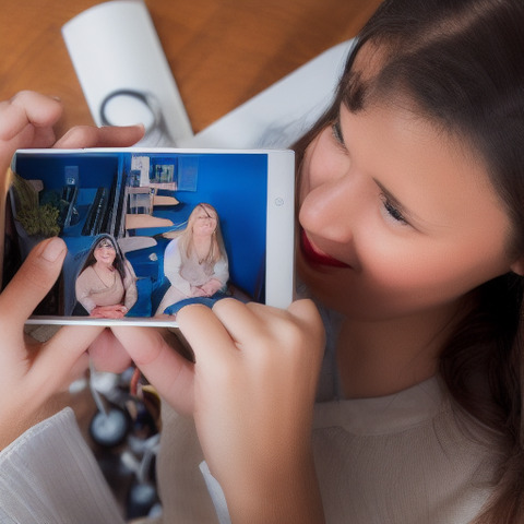 A woman is holding a cell phone showing a picture of two other women.