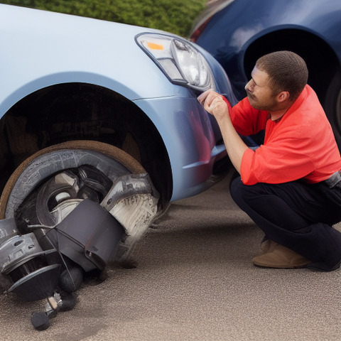 A man in a red shirt is bending over to look at the wheel of a blue car.