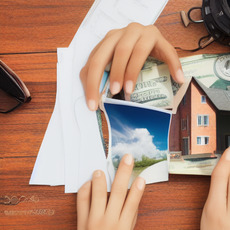 A person is holding a wallet and opening it, revealing a picture of a house.