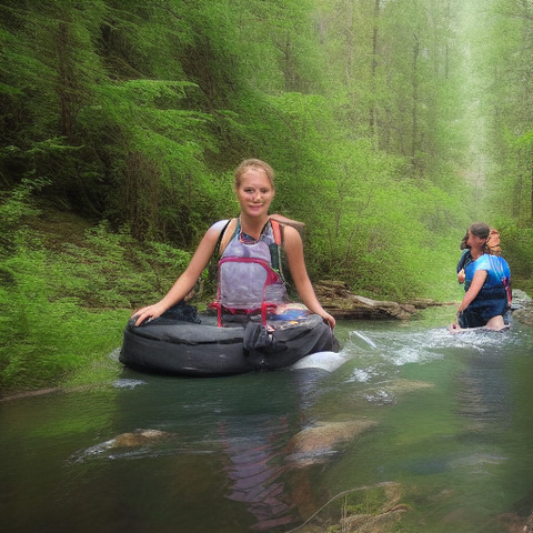 Three people are paddling on the river. One person is sitting in a circular raft, two others are in a canoe.