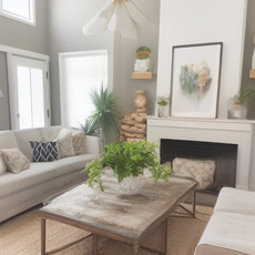 A cozy living room with a fireplace, couch, and a glass table holding a potted plant.