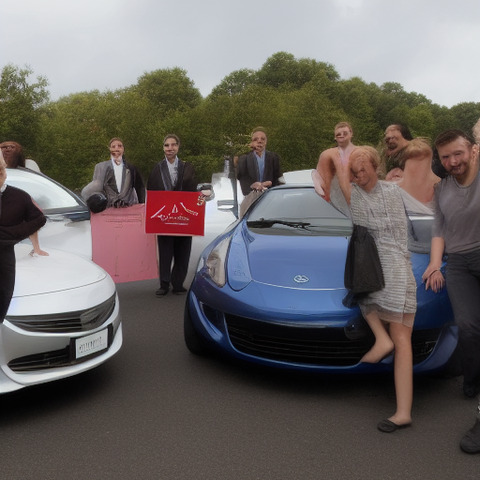 Group of people posing in front of their cars.