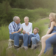 A family is sitting on a stone in a field, enjoying each other's company.