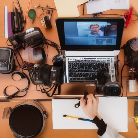 A person sitting at a table with a laptop, a notebook, and various other items such as scissors, a camera, and a cup.