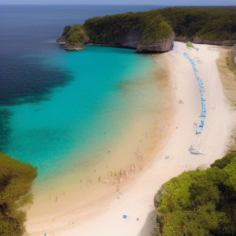 A beach scene with a group of people on the sand and in the water. Some people are enjoying the sunny weather and the beautiful blue ocean.