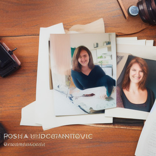 A wooden table with two photos of two girls sitting on it.