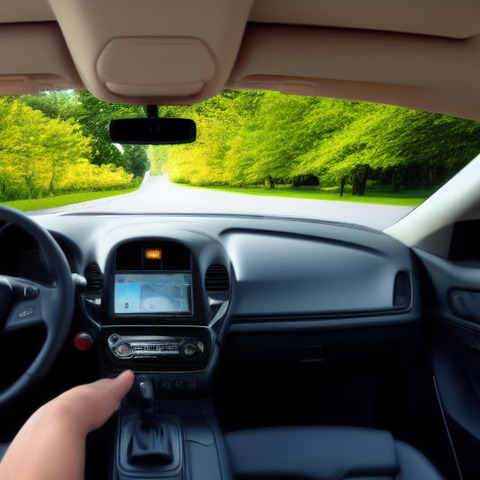 A car is shown from a windshield view.