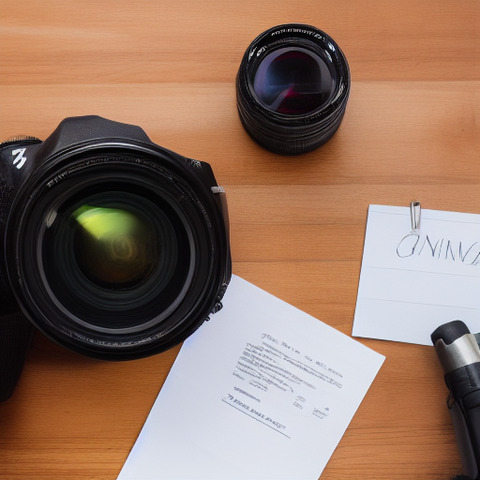 A white piece of paper is sitting on a table next to a pair of camera lenses.