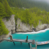 A beautiful blue lake is surrounded by lush trees. The lake is a beautiful blue and the water appears to be very clear. A boat is sitting in the water, and it seems to be resting on a wooden dock. The surroundings are so lush and green, providing a serene atmosphere.