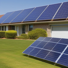 A solar panel system is set up in front of a brick house.