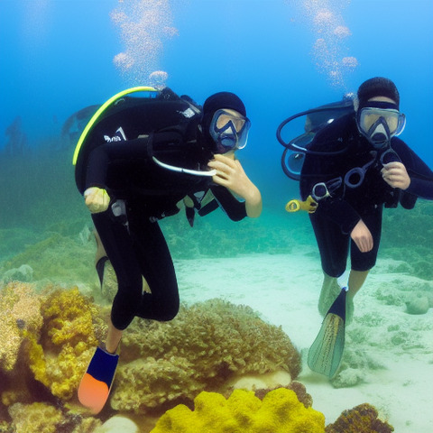 A man wearing a wet suit is standing on rocks with his fist in his mouth, while another man with a wet suit on stands near him, with a water tube in his hand.