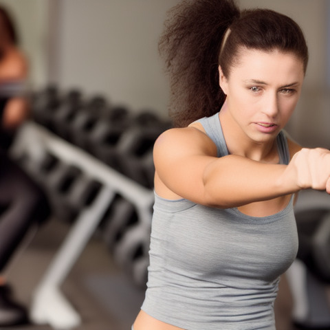 Woman wearing a grey tank top.