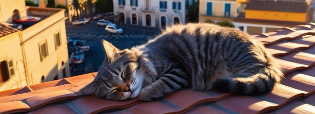 A cat laying on a red tile roof of a building.