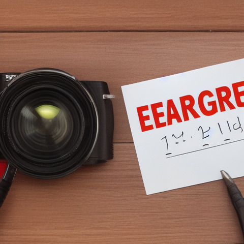 A camera sits on a wooden table next to a note reading EARGREEN.