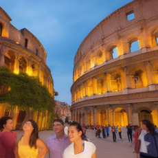 A large group of people pose for a picture in front of a famous building, such as the Colosseum or the Roman Forum. The group consists of people of various ages, and they stand together in the foreground, while the impressive building stands tall in the background. The crowd is gathered on a walkway near the ancient monument, which has become a popular tourist attraction.