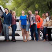 A group of people is posing together next to a car.