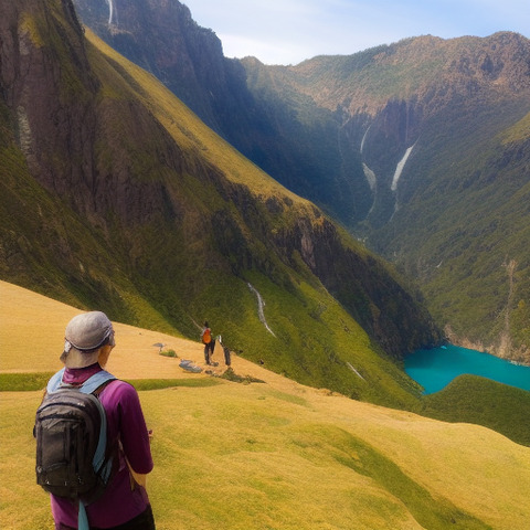 A mountain view with two people on top of a hill.