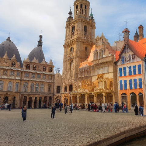 Many people are scattered throughout the scene, with some walking closer to the foreground and others near the buildings. A few individuals can be seen carrying handbags, and a backpack is also visible in the scene. The overall atmosphere is lively and full of activity, highlighting the charm and beauty of the city square.