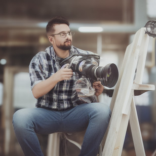 The man is using a video camera that is mounted on a tripod.