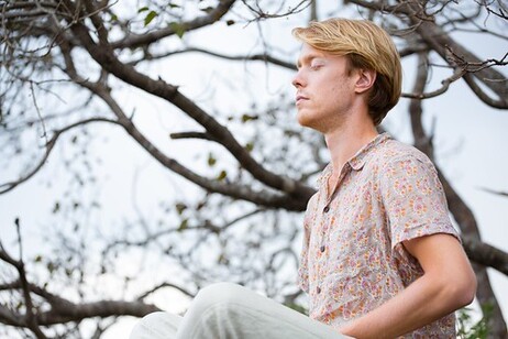 A man with brown hair is sitting under a tree, looking deep in thought