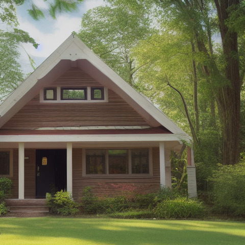 A wood house with a green roof in a forest setting.