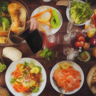 A table full of food with various items on plates and a bowl. There are several oranges and broccoli pieces, along with other vegetables and bread. A person is holding a cell phone near the food, capturing the moment.