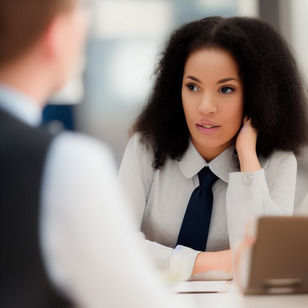 A woman wearing a white shirt and blue tie is looking at someone across the table.