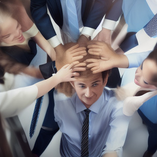 A group of people gather around a man, placing their hands on his head as he sits with a shaved head.