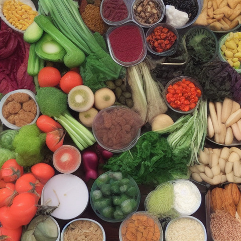 A table full of different foods, including fruits, vegetables, nuts, and other items, all placed in containers.