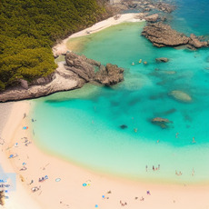 In addition to the people, there are a couple of umbrellas providing shade, as well as two beach chairs where visitors can relax and soak up the sun. The beach has beautiful blue water, and the lush greenery surrounding the area contributes to the overall serene environment.