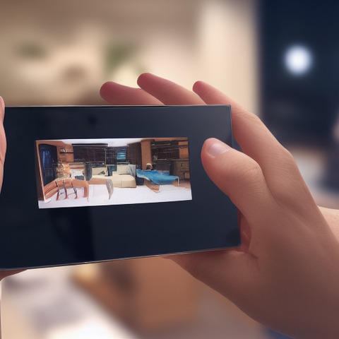 The image displays a person holding a cell phone, capturing a photo of a living room. The living room scene includes a couch, a chair, and a TV. The person's finger is visible, pointing towards the objects in the room, likely indicating a point of interest or their focus on a particular detail.