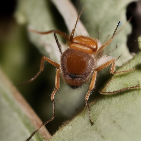 A red beetle with a black face on a leaf.