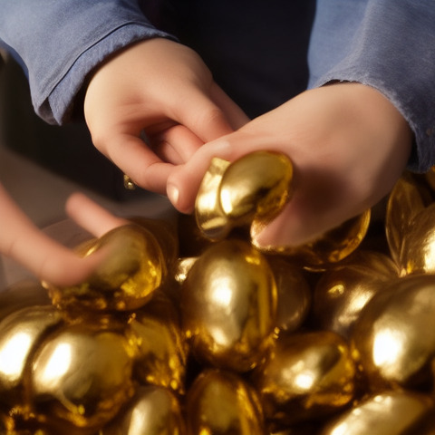 A woman holding a gold colored egg.