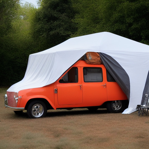 An orange truck covered in a white tarp, parked in a grassy area.