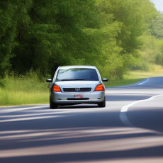 A gray car drives down a road surrounded by trees.