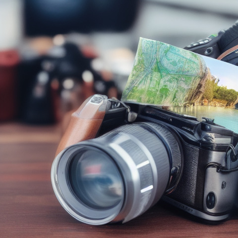 A camera with a photograph attached is set on a wooden table.