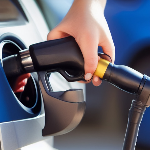 A car pump is shown with a hand holding the fuel pump handle.