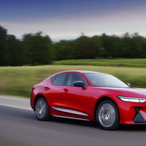 Red sports car driving on a road.