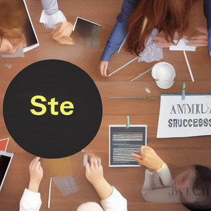 A group of people sitting around a table with a round sign in front of them with the word "ste" on it.