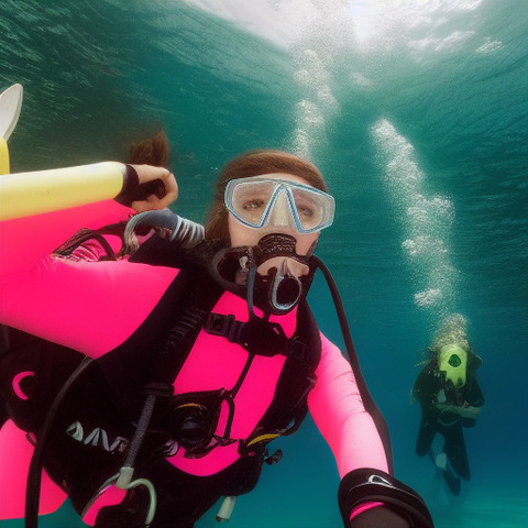 A woman in a pink and black wetsuit is holding onto the back of a surfboard.