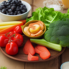 A variety of fruits and vegetables are arranged on a wooden cutting board, ready for use in a healthy meal.