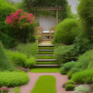 The garden path is lined with green grass, and it leads to a bench in the middle of a garden filled with green plants, bushes, and a hedge.