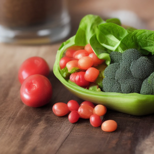 The bowl is filled with a variety of colorful vegetables, including red tomatoes, green broccoli, red peppers, and a sprinkling of seeds.