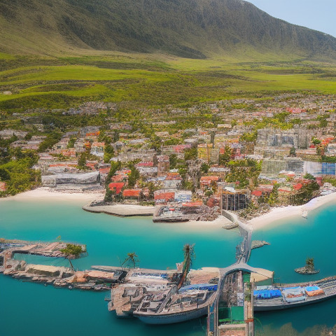 The image features a beautiful harbor with several boats floating on the water. There are at least 12 boats visible in the scene, some docked together while others float independently. The harbor is located near a picturesque town with a lush green landscape, which includes a large hillside and a sandy beach area. The town appears to be a popular destination with a bustling atmosphere, surrounded by a serene body of water.