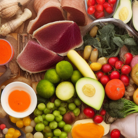 The image showcases a table full of various fruits and vegetables, including several oranges, broccoli, and a carrot. The table has a wooden surface that holds the produce, with the fruits and vegetables arranged neatly. The colorful display of produce emphasizes the freshness and variety of the ingredients.