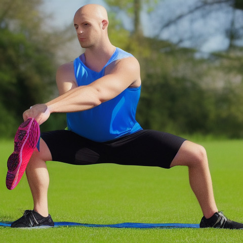 A man in blue shorts is doing a yoga pose.