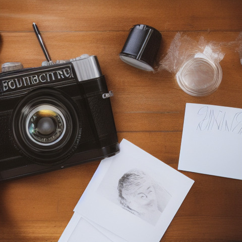 A vintage-looking camera is placed on a wooden table, next to a picture of a face. There are also several books and paper on the table, making the scene appear like a photography or art project is underway.