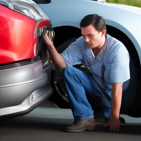 A man in a blue shirt and jeans is holding a car door handle and looking underneath the car.