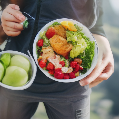 A person is holding a bowl with a salad and two apples.