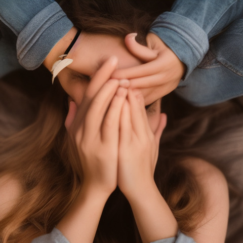 A woman in jeans covering her face with one hand.